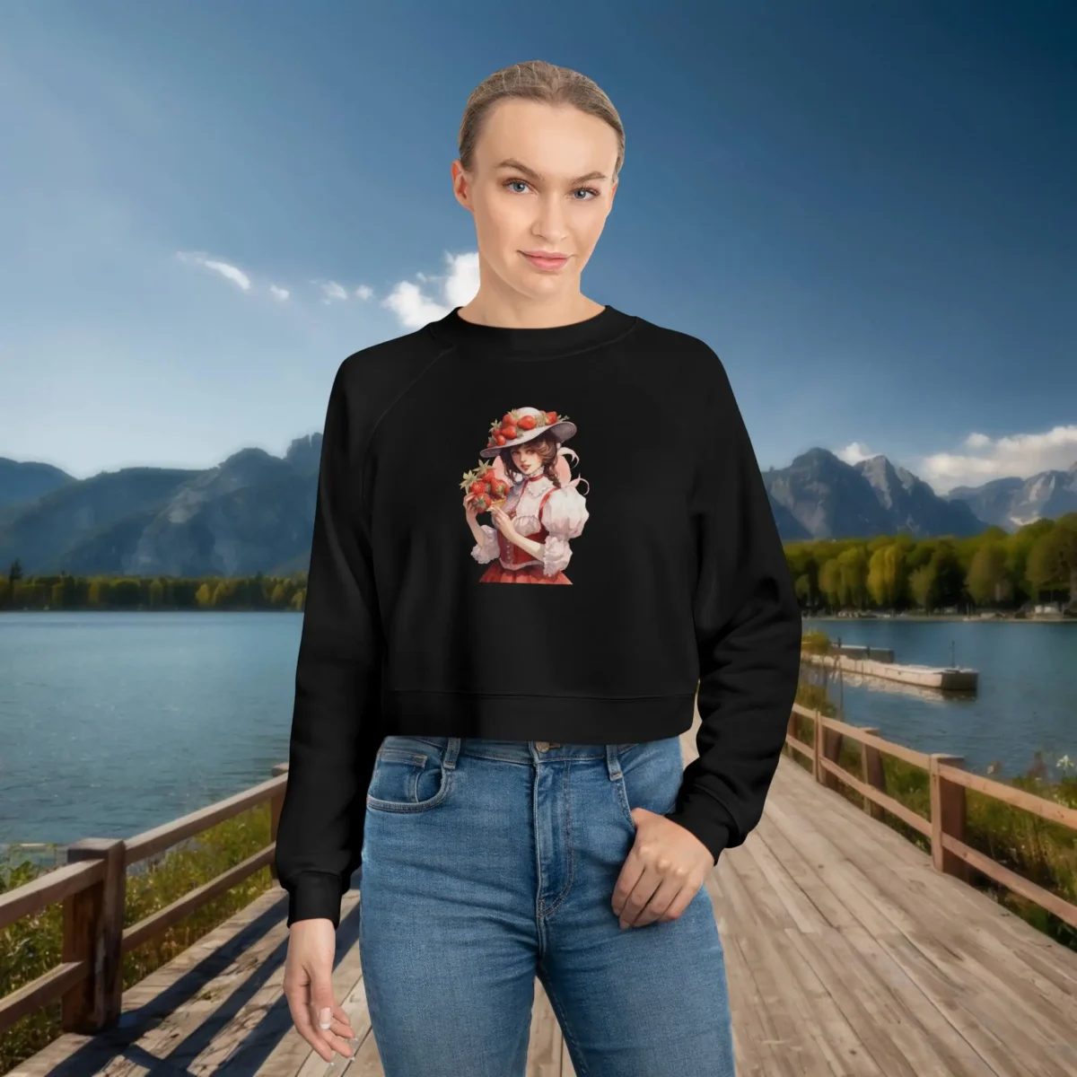 Woman wearing a black cropped sweatshirt featuring an illustrated girl in a strawberry-themed outfit and hat, standing on a dock by a mountain lake.