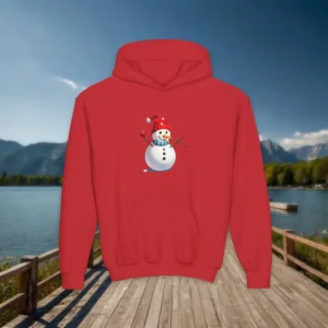 Red youth hoodie with cute snowman wearing Santa hat and scarf