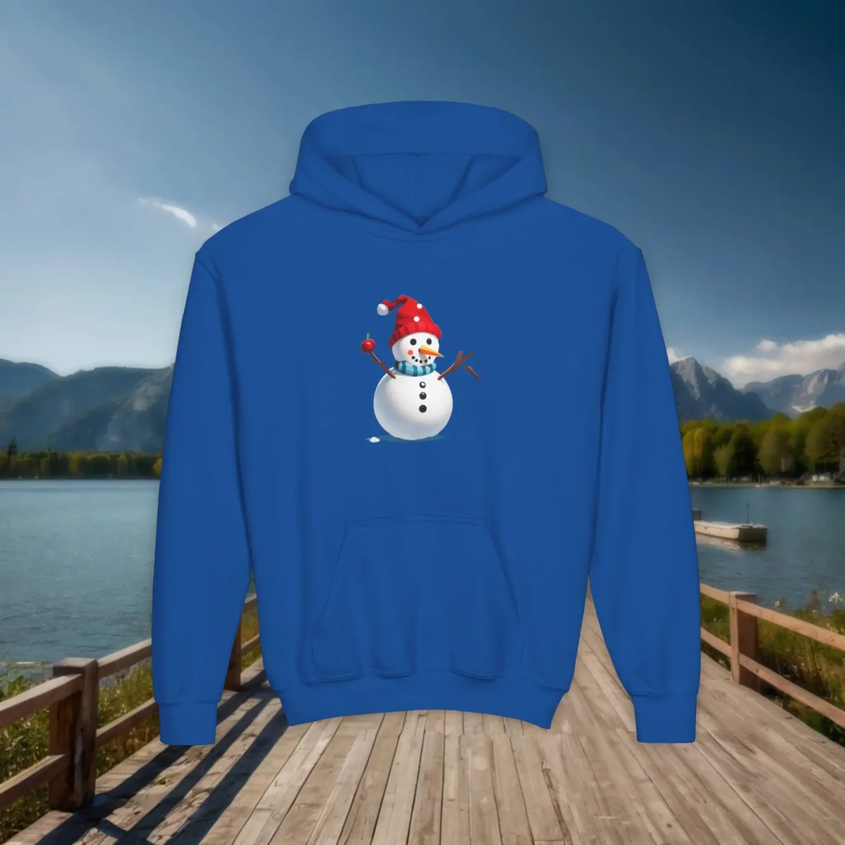 Royal blue kids hoodie with cheerful snowman wearing festive hat