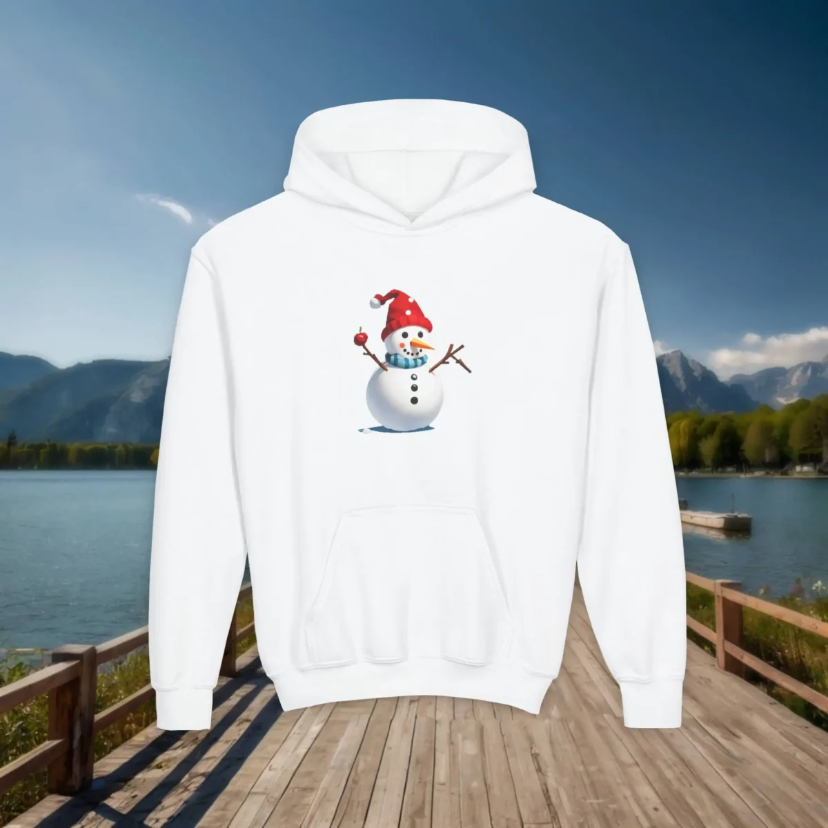 White kids hoodie with jolly cartoon snowman in Santa hat and scarf