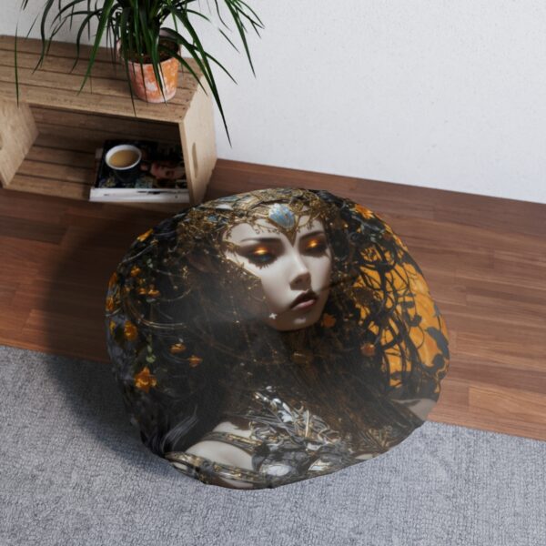 Fantasy-Figure-Design Round Tufted Floor Pillow with White Stitching Detail