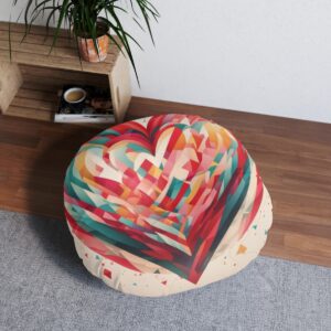 Abstract-Heart Design Round Tufted Floor Pillow with White Stitching