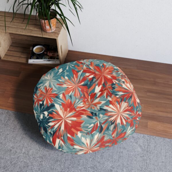 Tropical-Pattern Round Tufted Floor Pillow with White Stitching Detail