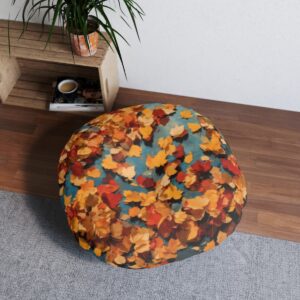 Autumn-Inspired Round Tufted Floor Pillow with Vivid Leaf Print