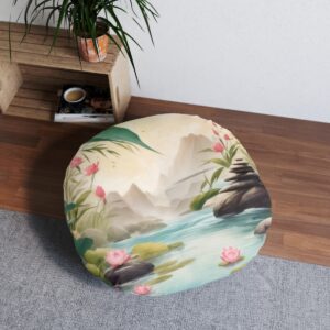 Custom Round Tufted Floor Pillow with Pastoral Landscape and White Stitching