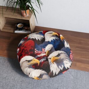 Patriotic-Eagle-Print Round Tufted Floor Pillow with White Stitching