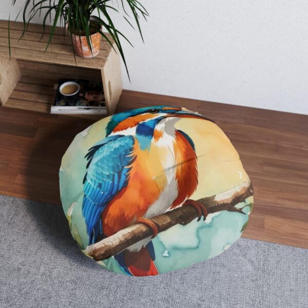 Kingfisher-Bird-Print Round Tufted Floor Pillow with White Stitching