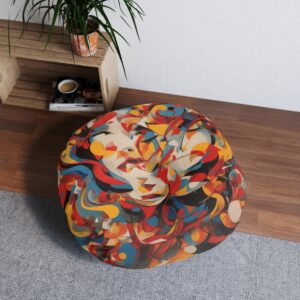 Abstract-Art Round Tufted Floor Pillow with Central Stitching