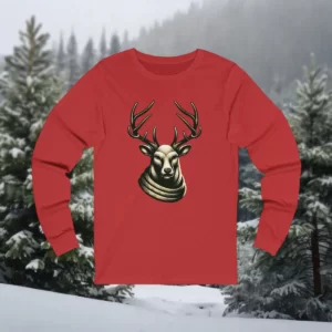 Long-sleeve shirt featuring a regal deer with large antlers wearing a cozy scarf, set against a snowy forest background.