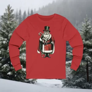 Long-sleeve shirt featuring a Victorian-style Santa Claus in a top hat, holding a candy cane, set against a snowy forest background.