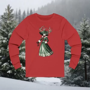 ong-sleeve shirt featuring a Victorian-style reindeer dressed in an elegant green gown with antlers adorned with holly, set against a snowy forest background.