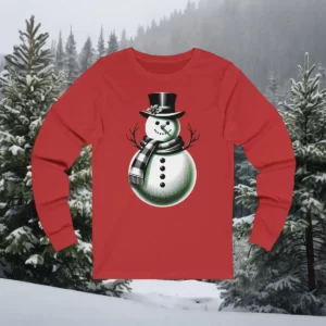 Long-sleeve shirt featuring a minimalist snowman design with a top hat, scarf, and twig-like arms.