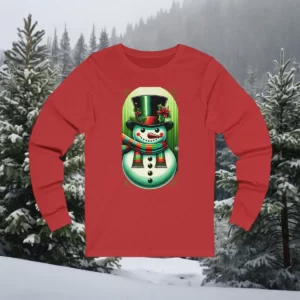 Long-sleeve shirt with a festive Victorian snowman design, featuring a top hat, colorful scarf, and holly accents.