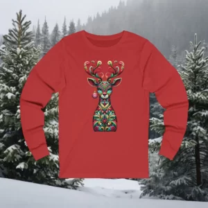 Long-sleeve shirt featuring a vibrant Christmas reindeer design with intricate patterns, colorful antlers, and a hanging ornament.