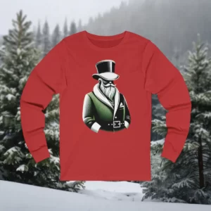 Long-sleeve shirt featuring a Victorian-style Christmas gentleman with a top hat, beard, and elegant coat.