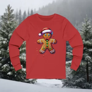 Long-sleeve shirt featuring a festive gingerbread man design with a Santa hat and colorful details.