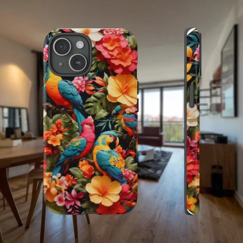 Tough phone case featuring a vibrant design of tropical birds and colorful flowers, displayed in a modern living space.