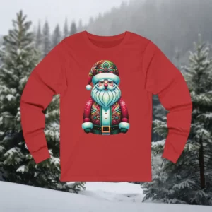 Long-sleeve shirt featuring a colorful and decorative Santa Claus design, set against a snowy forest background.