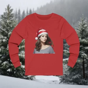 Long-sleeve shirt featuring a stylish illustration of a woman wearing a Santa hat, displayed against a snowy forest backdrop.