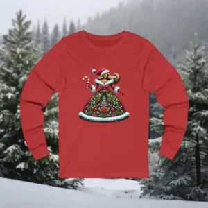 Long-sleeve shirt featuring a festive "Mother Christmas" design with a colorful holiday dress and Santa hat, set against a snowy forest backdrop.