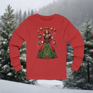 Long-sleeve shirt featuring an ornate "Mother Christmas" design with a decorative holiday gown, ornaments, and candy canes, set against a snowy forest backdrop.