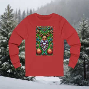 Long-sleeve shirt featuring an ornate reindeer Christmas design with intricate holiday patterns, ornaments, and vibrant seasonal details, set against a snowy forest backdrop.