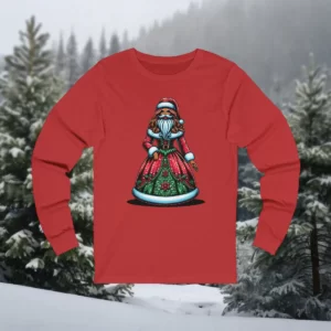 Long-sleeve shirt featuring a festive Santa Claus in a decorative gown, adorned with intricate holiday patterns, displayed against a snowy forest backdrop.