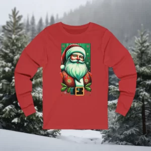 Long-sleeve shirt featuring a vibrant Santa Claus design with festive details, displayed against a snowy forest background.