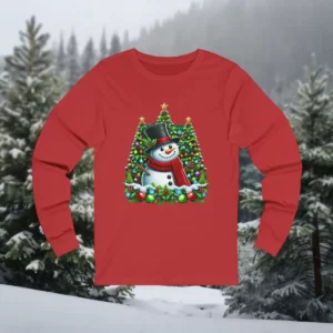 Long-sleeve shirt featuring a cheerful snowman design surrounded by decorated Christmas trees and festive ornaments.