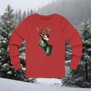 Red long-sleeve shirt featuring a Victorian-style reindeer design wearing a green scarf, displayed against a snowy forest.