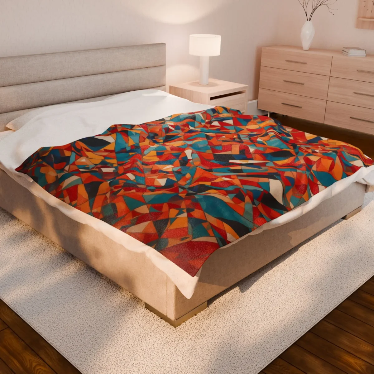 Velveteen plush blanket with abstract colorful mosaic pattern displayed on a large bed
