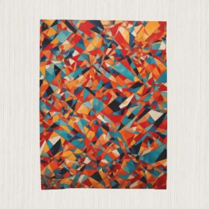 Flat velveteen plush blanket with vibrant abstract geometric mosaic design in red, orange, blue, and teal