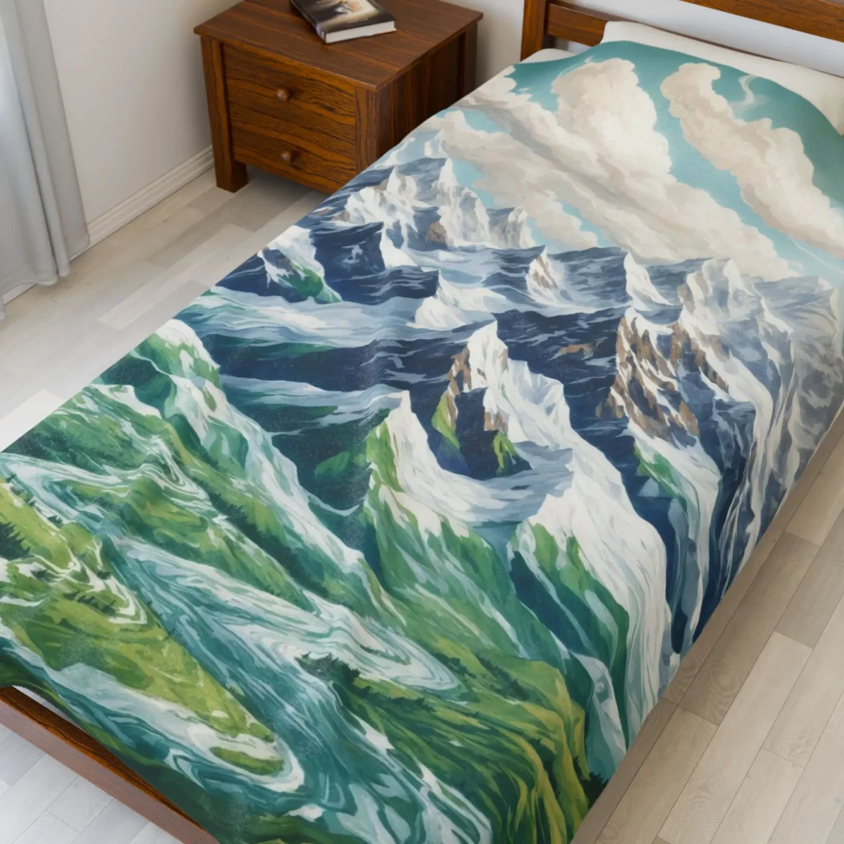 Velveteen plush blanket featuring a scenic alpine mountain print on a single bed