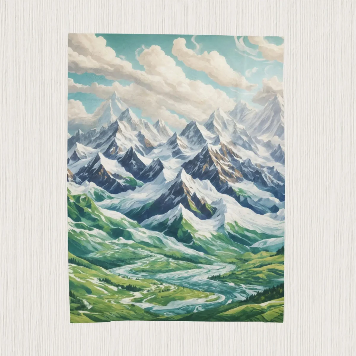 Flat velveteen plush blanket with a detailed print of snowy alpine peaks and green valleys
