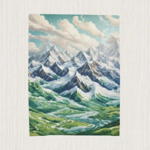 Flat velveteen plush blanket with a detailed print of snowy alpine peaks and green valleys