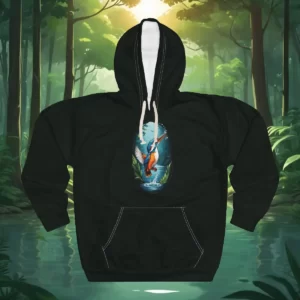 Black hoodie featuring a vibrant illustration of a kingfisher bird soaring over a jungle pond, surrounded by lush green foliage, set against a forest background with sunlight streaming through the trees.