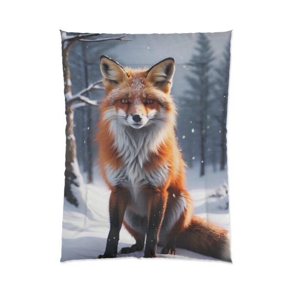 A Comforter featuring a detailed depiction of a fox sitting in a snowy forest with trees in the background.