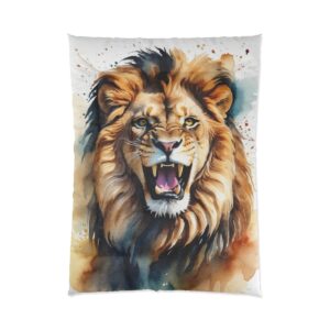 A Comforter featuring a detailed and fierce depiction of a roaring lion with a flowing mane.