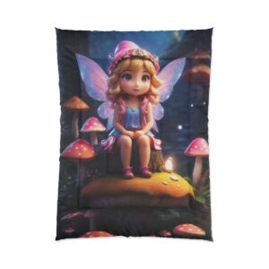 Adorable fairy with pink wings sitting on a mushroom surrounded by glowing mushrooms in a magical forest