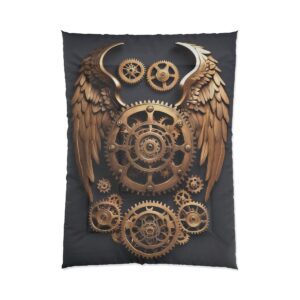 Steampunk-inspired design featuring angel wings with intricate gears and cogs