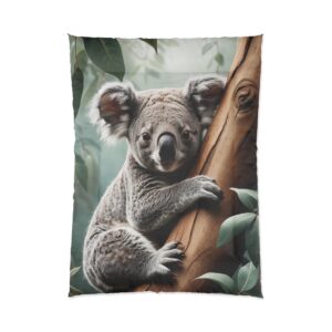 Adorable koala clinging to a tree branch surrounded by lush green leaves