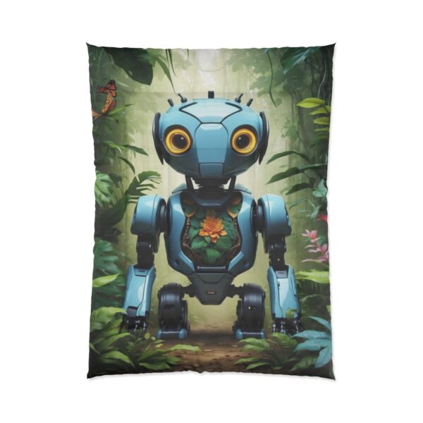 Cute robotic animal sitting in a lush jungle surrounded by vibrant plants and foliage