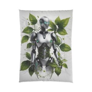 Futuristic robot intertwined with green leaves and vines, symbolizing a fusion of technology and nature