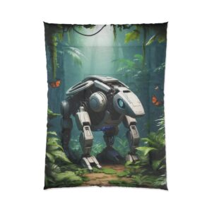 Robotic animal standing in a dense jungle with butterflies around