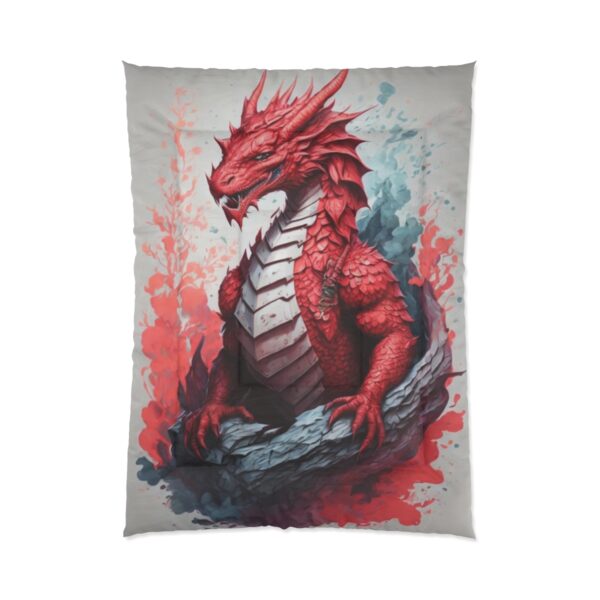 Majestic red dragon with intricate scales and powerful stance, surrounded by dynamic splashes of color