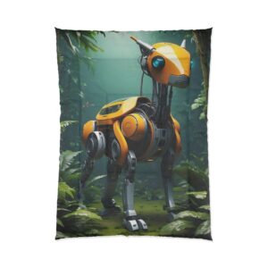 Futuristic robotic animal with a sleek yellow design standing in a lush forest