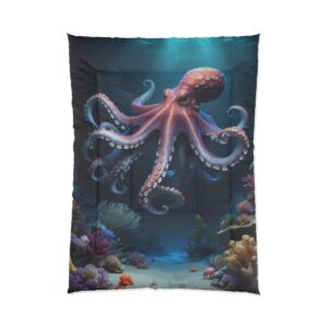 Large octopus swimming gracefully in an underwater coral reef