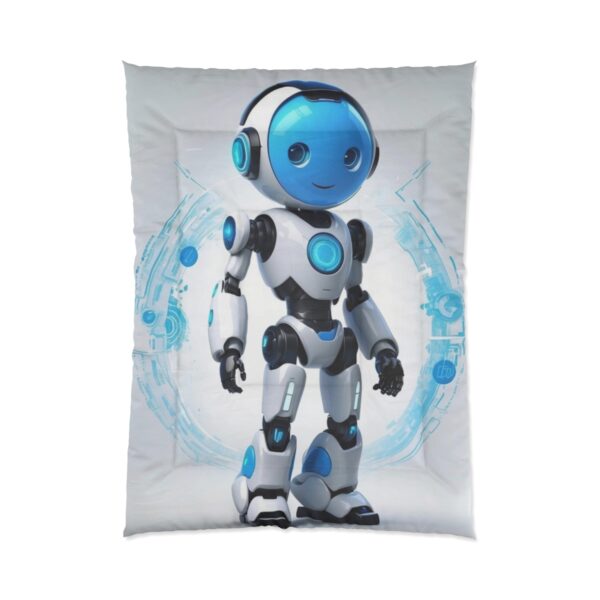 Friendly Comforter humanoid robot with a blue face and advanced technology background