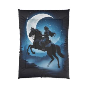 A Comforter featuring a fantasy design of a rider on a rearing horse silhouetted against a large, glowing moon in a night sky.