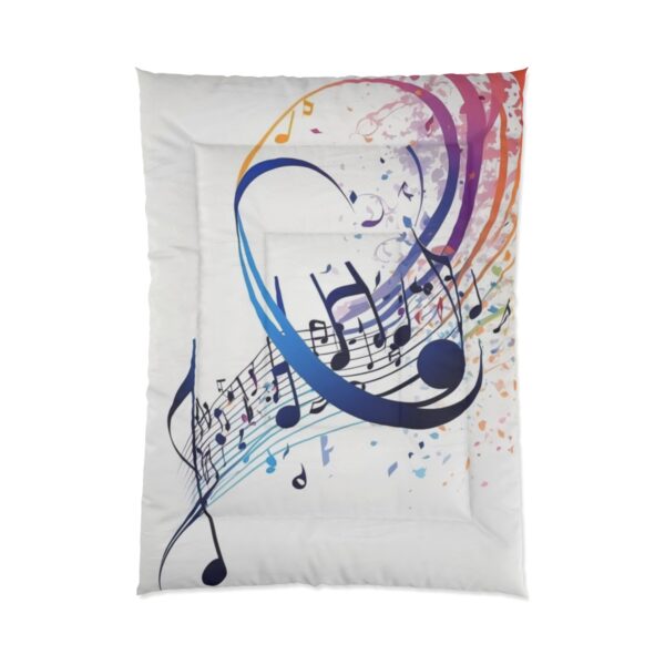 A Comforter featuring a vibrant design of swirling music notes in various colors on a white background.